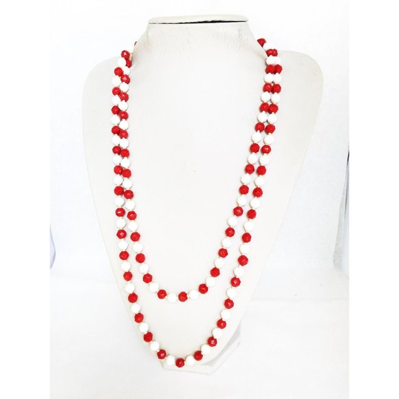 Czech Glass Necklace Red And White Faceted Glass Beads Hand Knotted Long Strand - Picture 1 of 6
